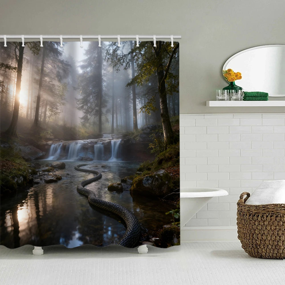 1/4 Forest Waterfalls  print shower Curtains, Toilet Seat Decoration, Shower Curtain with Carpet and Toilet Lid, 70.8x70.8 inch