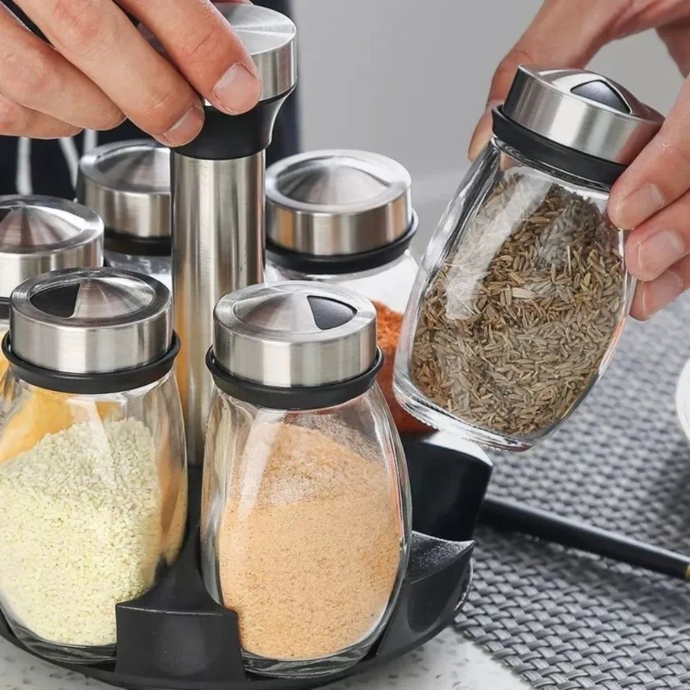 6 Bottles Rotatable Spice Rack Space-Saving Food Grade Seasoning Rack Dust-proof Moisture-proof Condiment Organizer Kitchen Use