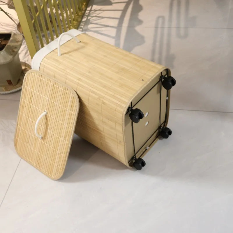Dirty Laundry Basket Folding Storage Baskets Bamboo Clothes Storage Box with Lid Multifunctional Organizer Boxes with Wheels
