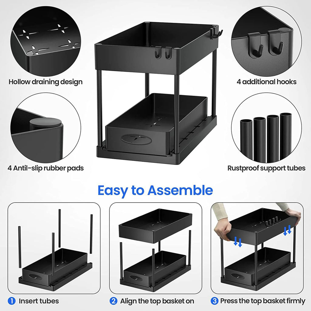 2 Tier Under Sink Organizer Sliding Cabinet Basket Organizer Storage Rack with Hooks Hanging Cup Bathroom Kitchen Organizer