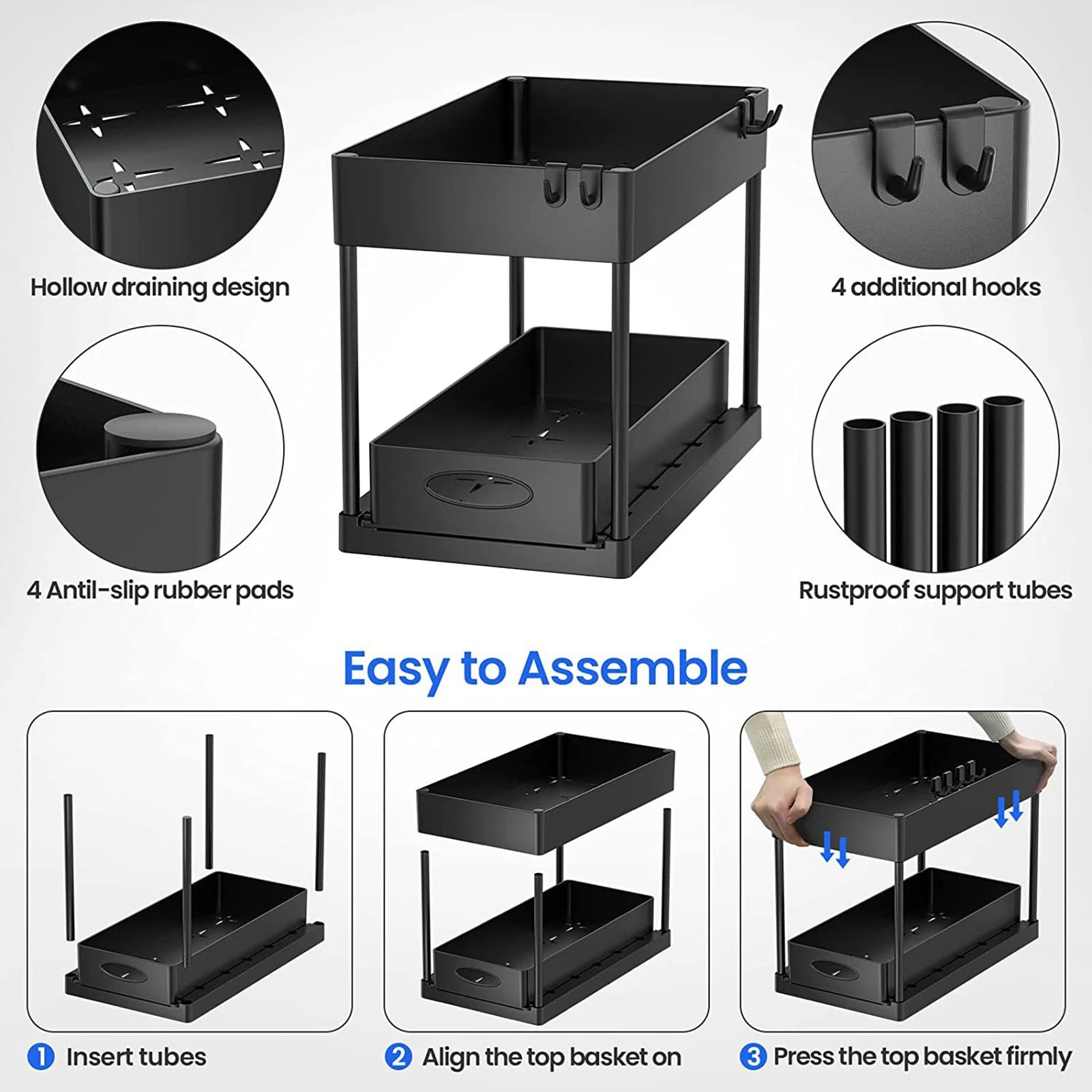 2 Tier Under Sink Organizer Sliding Cabinet Basket Organizer Storage Rack with Hooks Hanging Cup Bathroom Kitchen Organizer