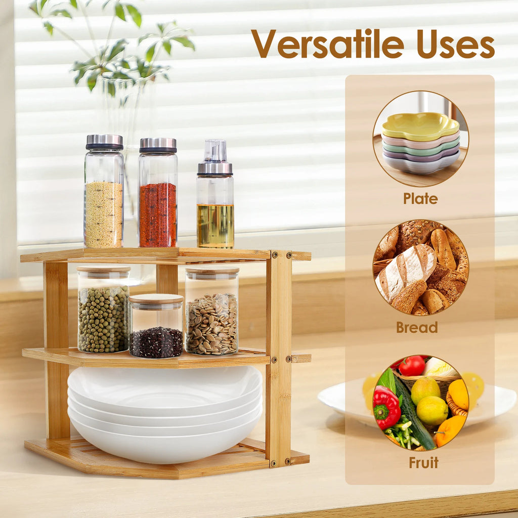 3 Tier Cabinet Organizer Shelf for Kitchen Storage Sturdy Plate Organizer Bamboo Corner Shelf Dish Rack for Cabinet Countertop