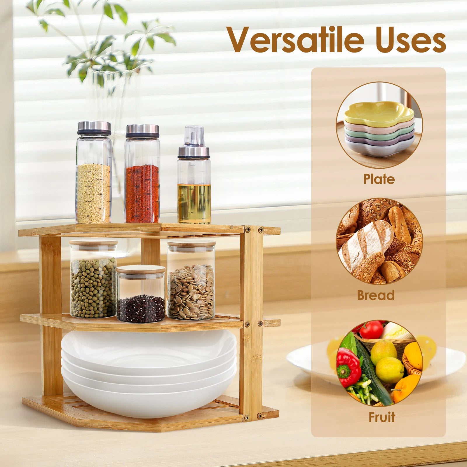 3 Tier Cabinet Organizer Shelf for Kitchen Storage Sturdy Plate Organizer Bamboo Corner Shelf Dish Rack for Cabinet Countertop