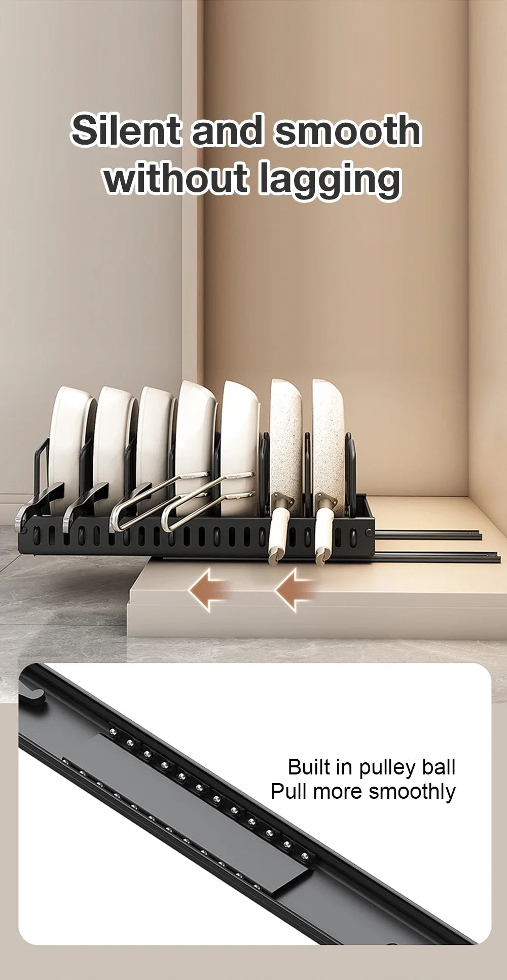 Hot-selling multifunctional kitchen pull-out cookware/frying pan sliding lid rack, spice rack, and bowl and plate drawer storage