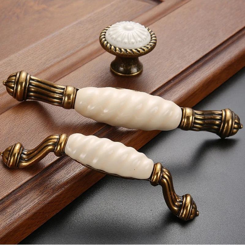 Drawer Knobs Wardrobe Door Handle European Furniture Hardware Zinc Alloy Antique Bronze Ceramic White Cabinet Handles