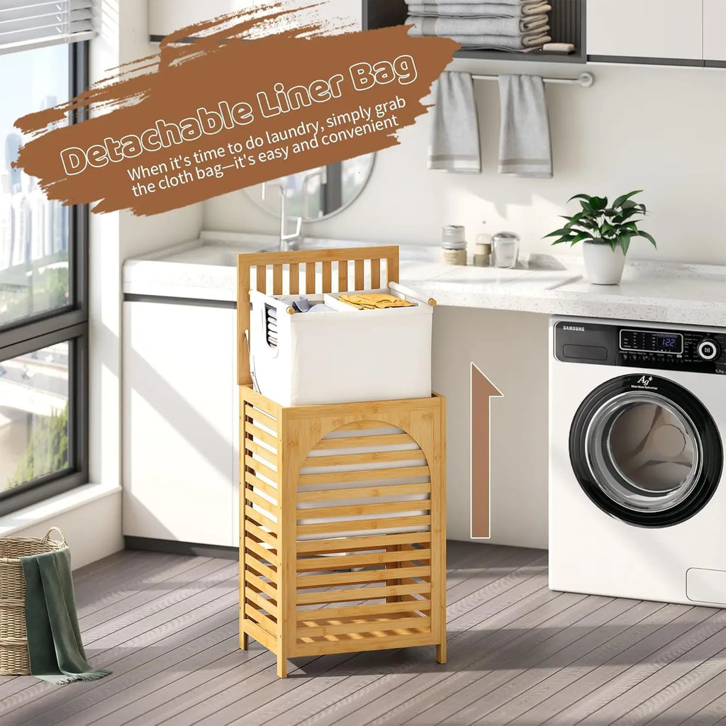 Large Bamboo Laundry Hamper with Lid 85L Clothes Basket Removable Bag Storage for Bathroom Natural