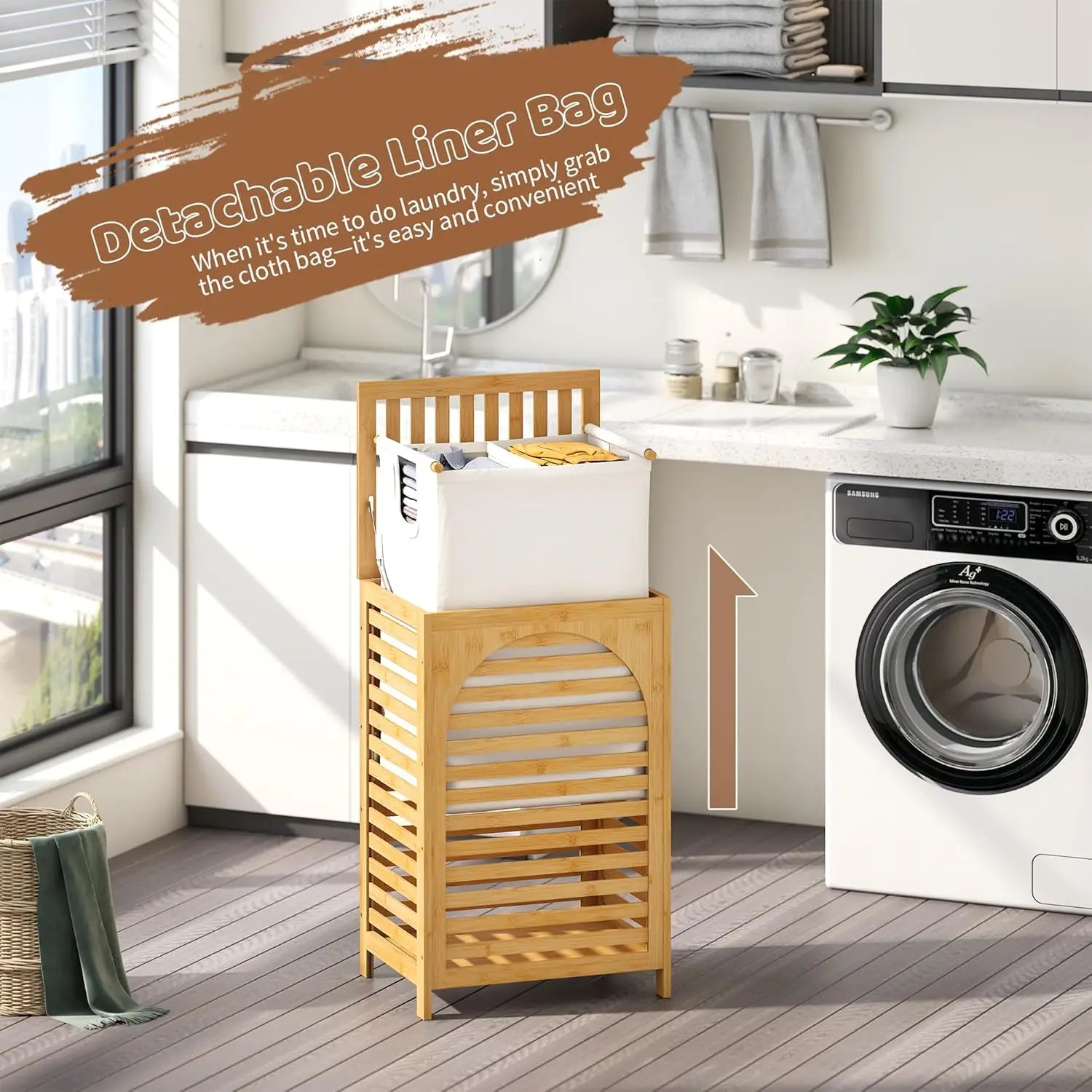 Large Bamboo Laundry Hamper with Lid 85L Clothes Basket Removable Bag Storage for Bathroom Natural
