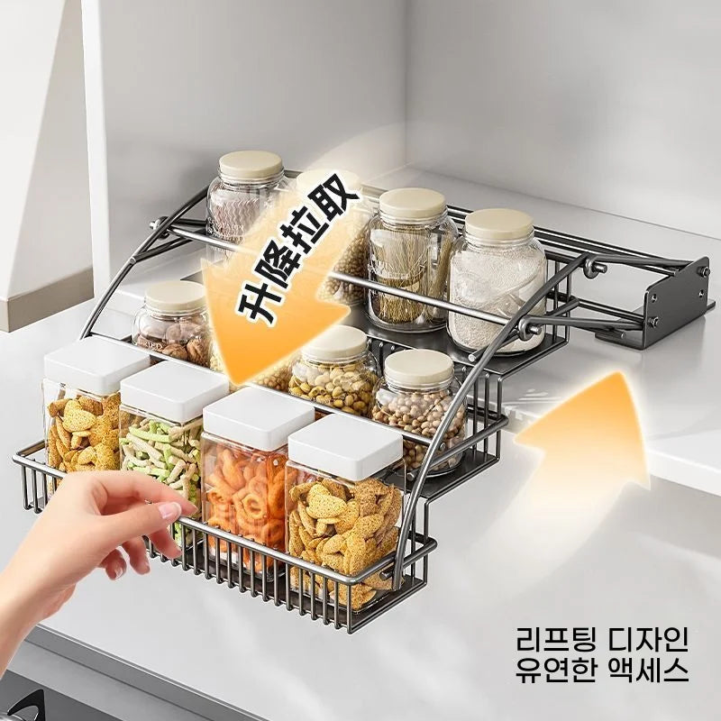 Pull-Down Cabinet Organizer Kitchen Vertical Lift  Multi-layer Spice Rack No-Drill Space Saving Heavy Duty Metal Rack holder New