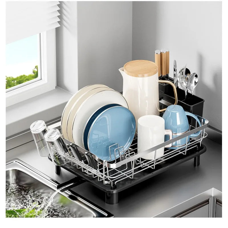 Single Layer Hollow Dish Rack Kitchen Countertop Rack with Drainage Tray Multifunctional Tableware Rack Rust Resistant Durable