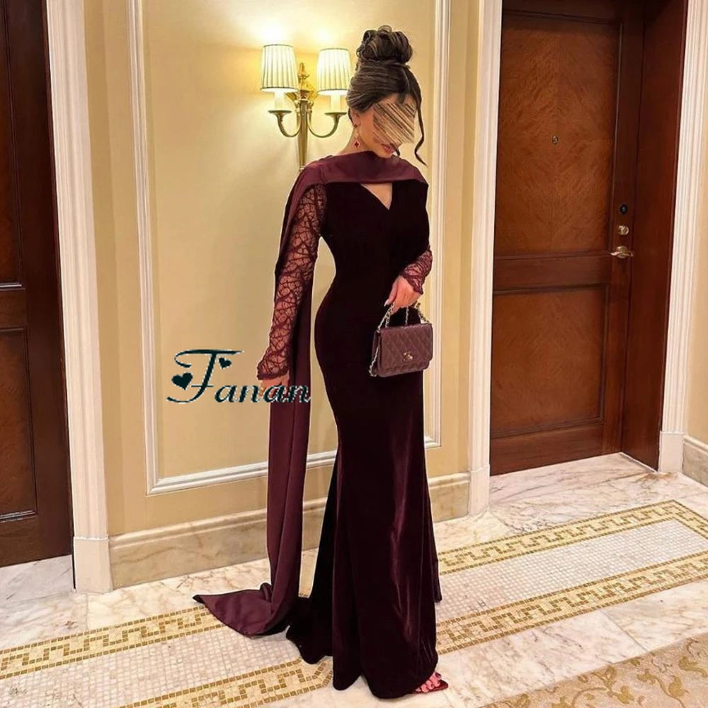 Customize Burgundy V-neck Lace Sleeves Mermaid Evening Dresses Jersey Draped Floor Length With Sweep Train Long Elegant Gown