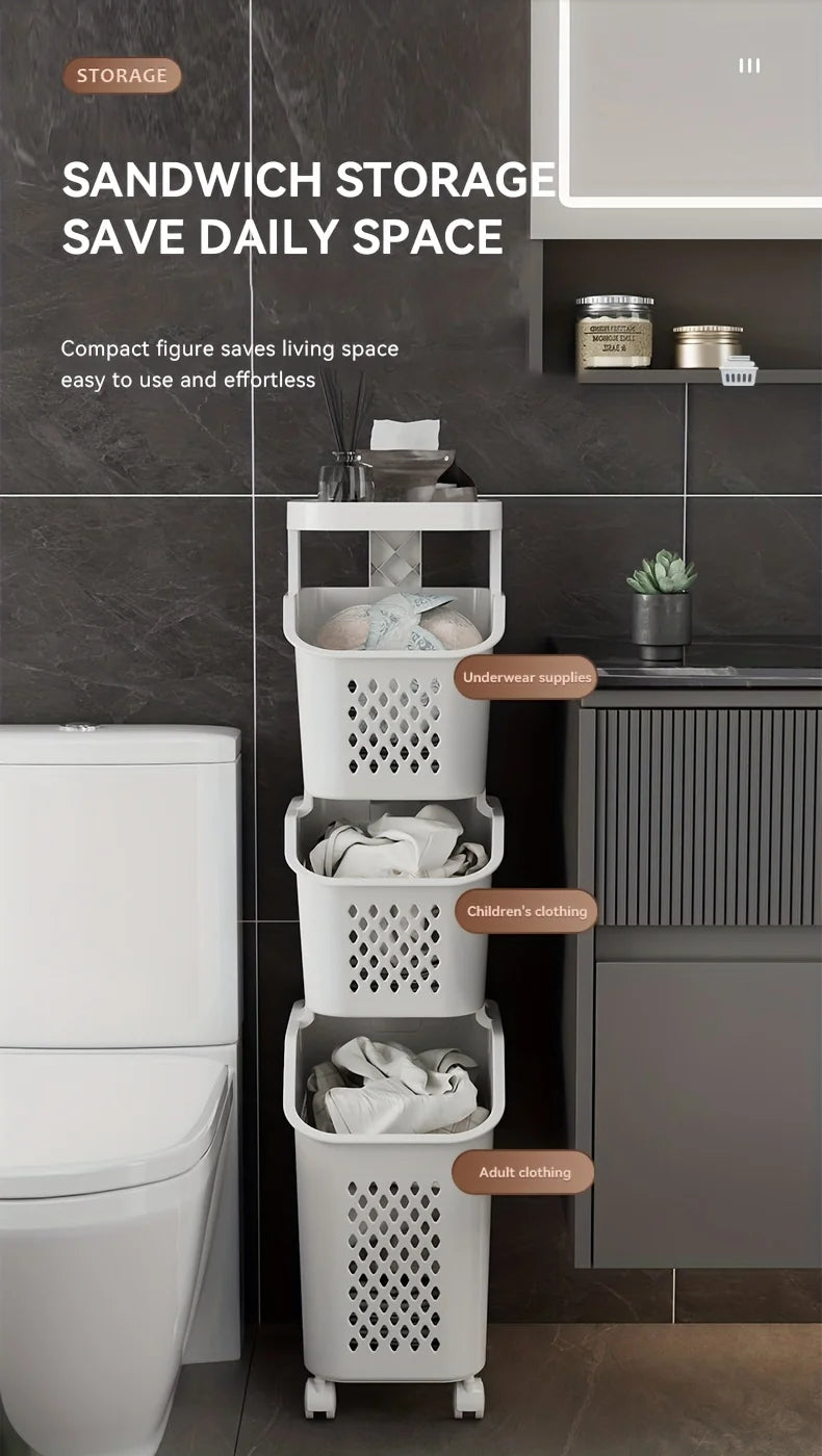 Multilayer Dirty Laundry Basket Storage Rack Clothes Storage Basket Sundries Storage Basket with Wheels Home Bathroom Supplies