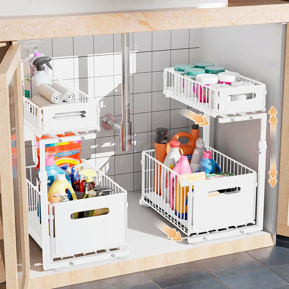 2 Tier Under Sink Organizer Adjustable Pull Out Cabinet Organizer Slide Out Kitchen Storage Racks Thickened Metal Sliding Drawer