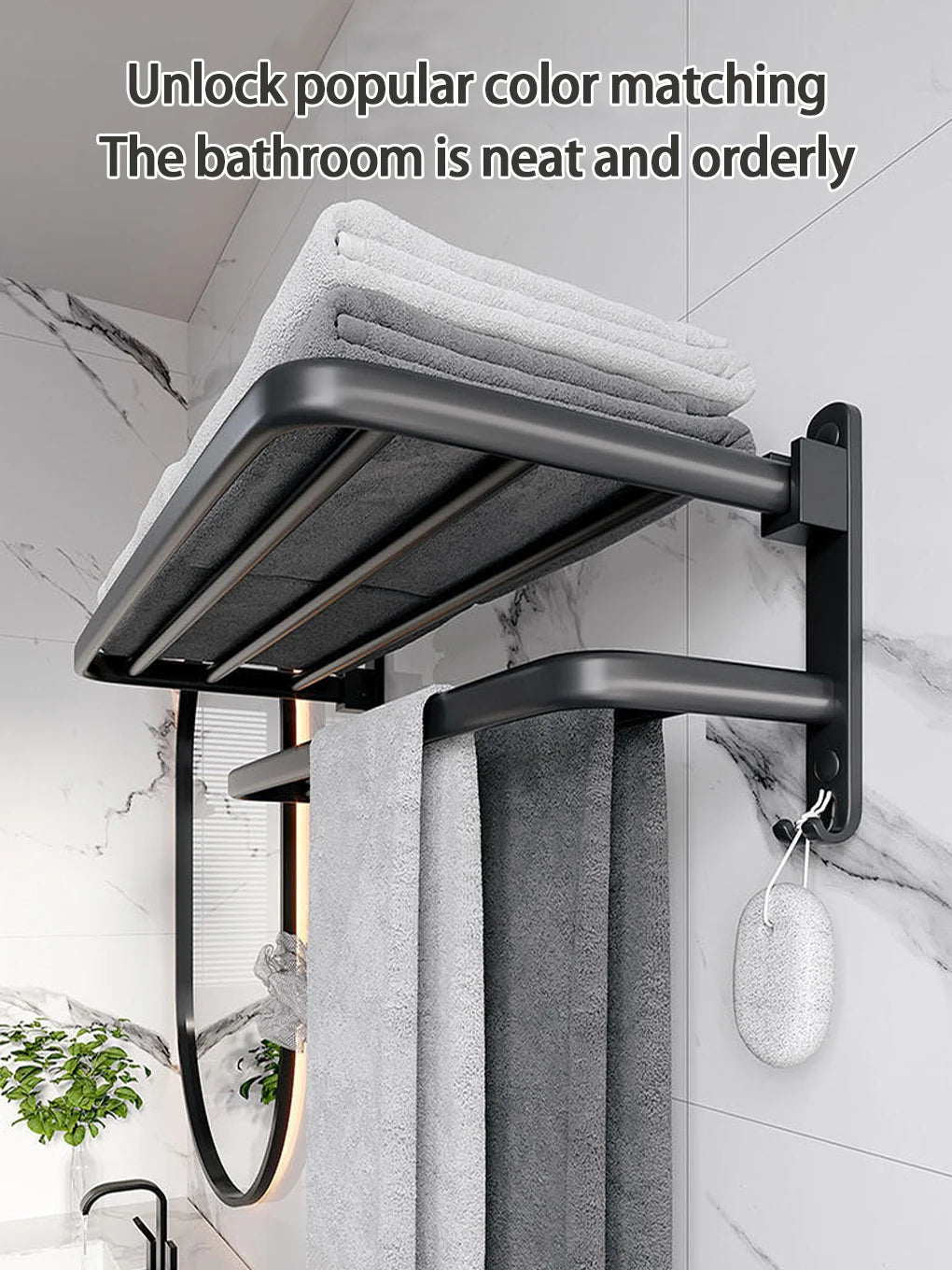 Bathroom Lavatory Towel Rack with Double Towel Bars & with HOOKS,19-inch Towel Shelf with Towel Bar,Towel Holder (Black、Gray)