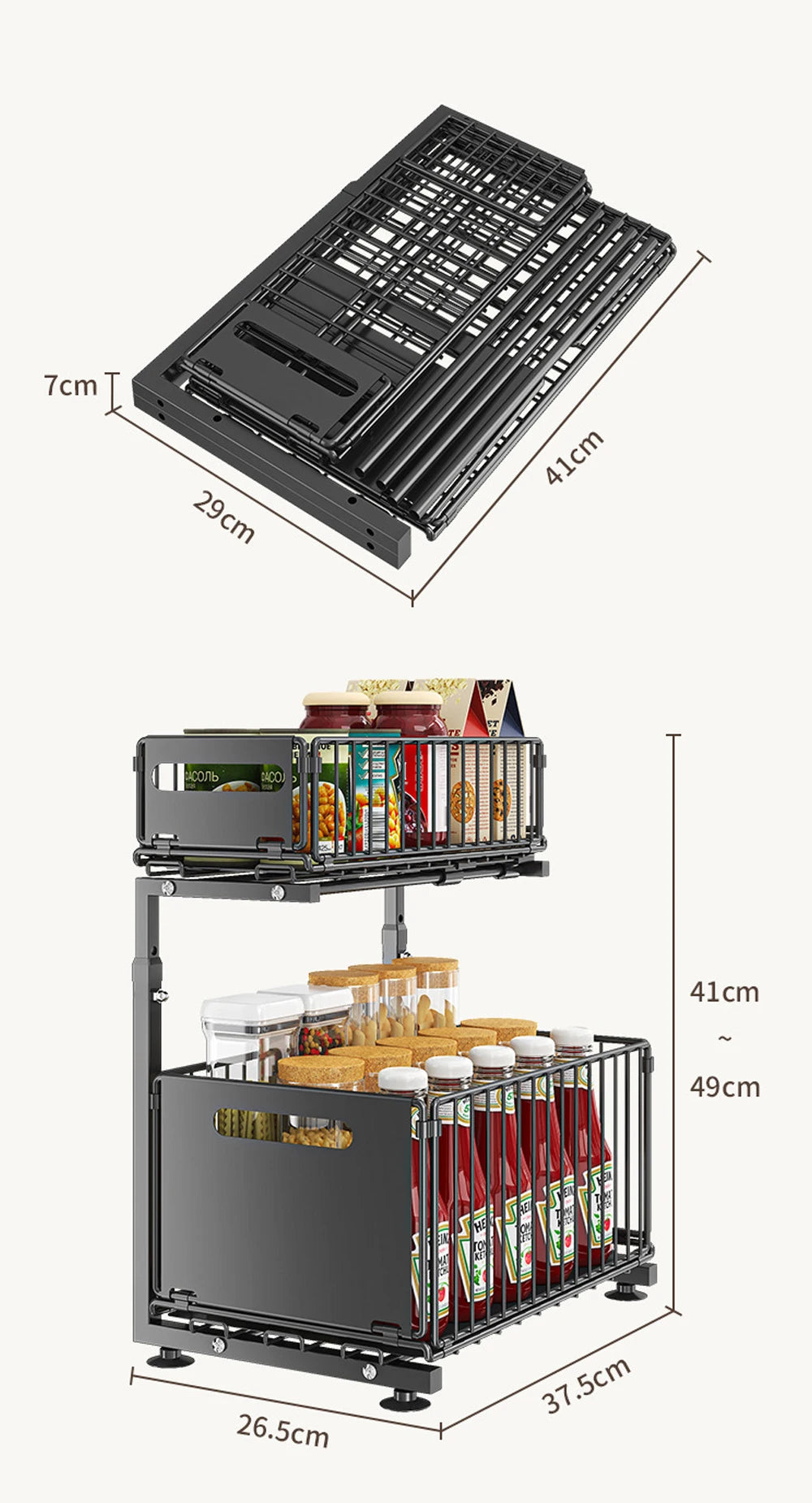2 Tier Under Sink Organizer Adjustable Pull Out Cabinet Organizer Slide Out Kitchen Storage Racks Thickened Metal Sliding Drawer