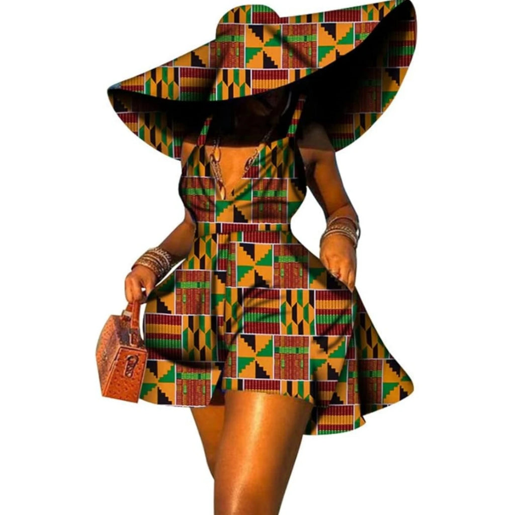 Women Summer Dress African Print Jumpsuit Sexy Sleeveless V-neck Short Pant with Hat Fashion African Clothes Lady Attire WY8844