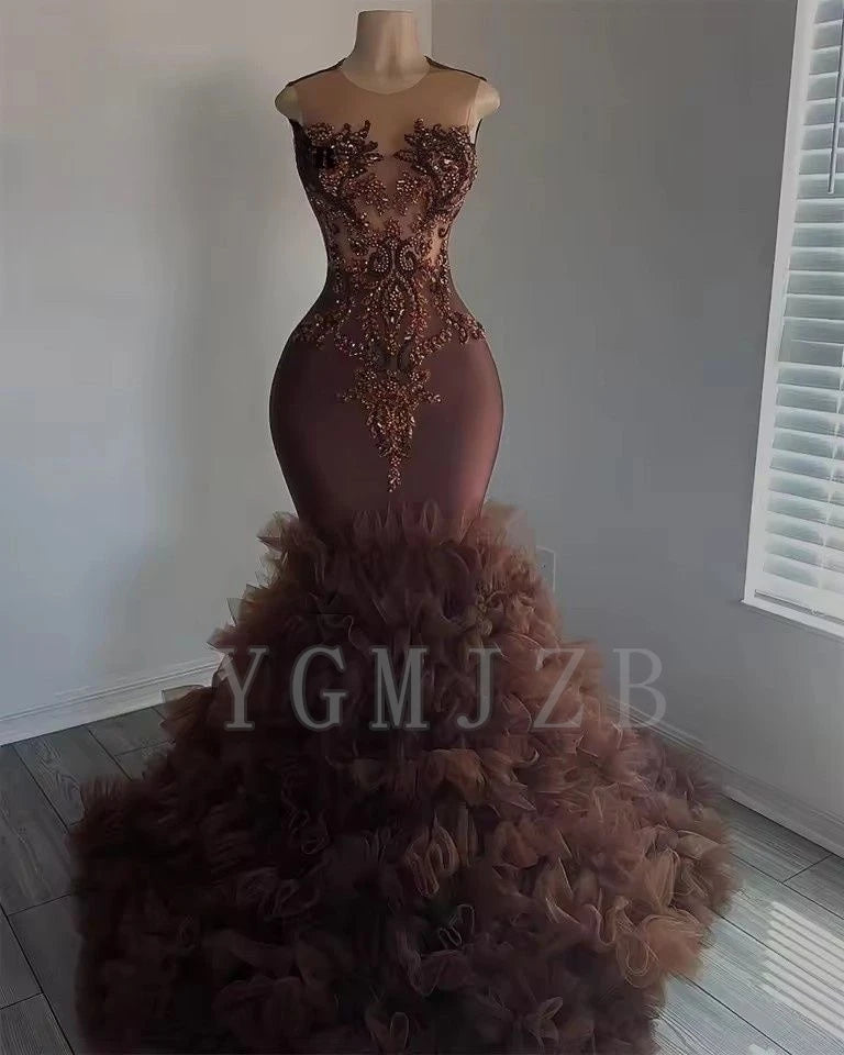 Brown Beaded Prom Dresses Luxury Black Girls Mermaid Diamonds Ruffles Buttom Wedding Party Birthday Graduation Evening Gown