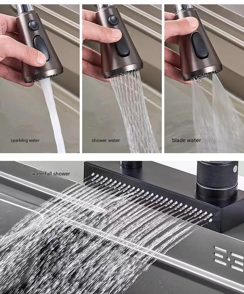 Waterfall Sink Pull Type Kitchen Faucet Hot Cold Mixer Vegetable Wash Tap Basin Multiple Water Outlets Rotation Flying Rain Tap