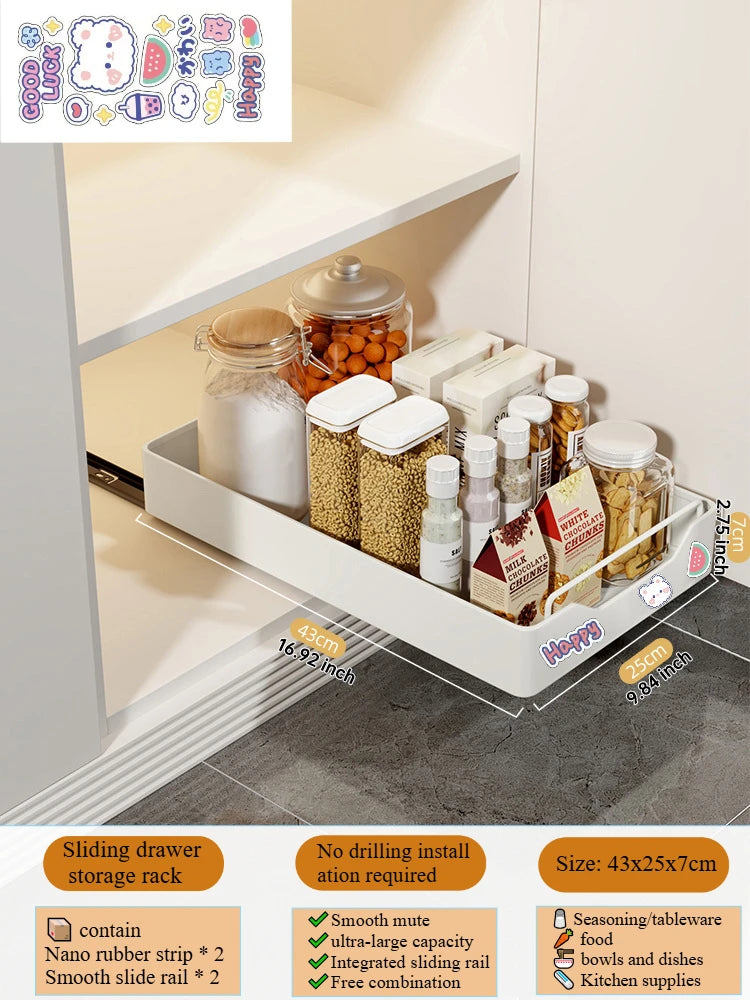 Non Perforated Kitchen Pull-out Shelf，Kitchen Storage Rack with Sliding Rails，Drawer Storage Tray，Cabinets Organizer，spice Rack