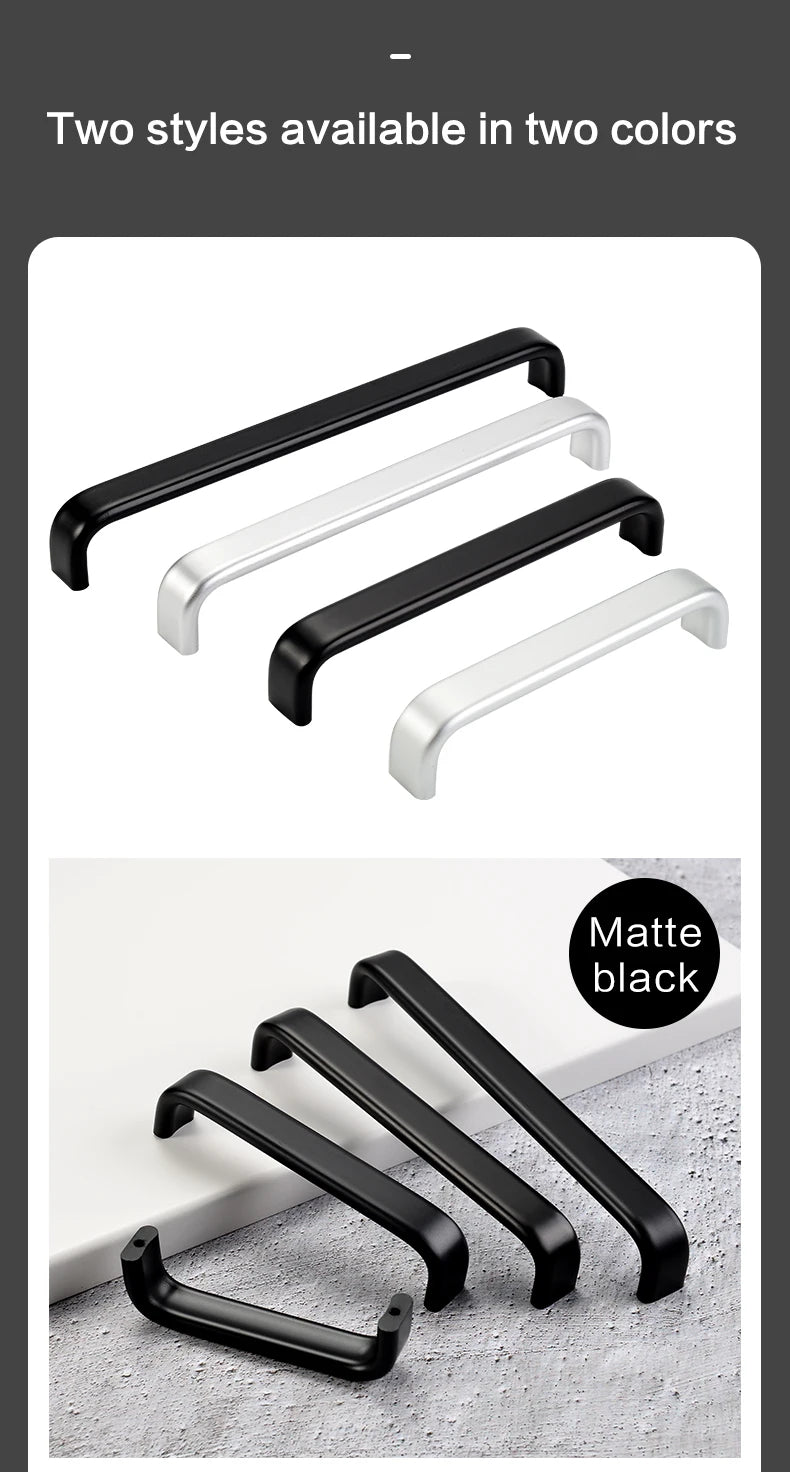 Modern Furniture Handles Black Wardrobe Door Pulls Silver Long Drawer Pulls Bathroom Cabinet Handle Aluminum Alloy Curved Handle