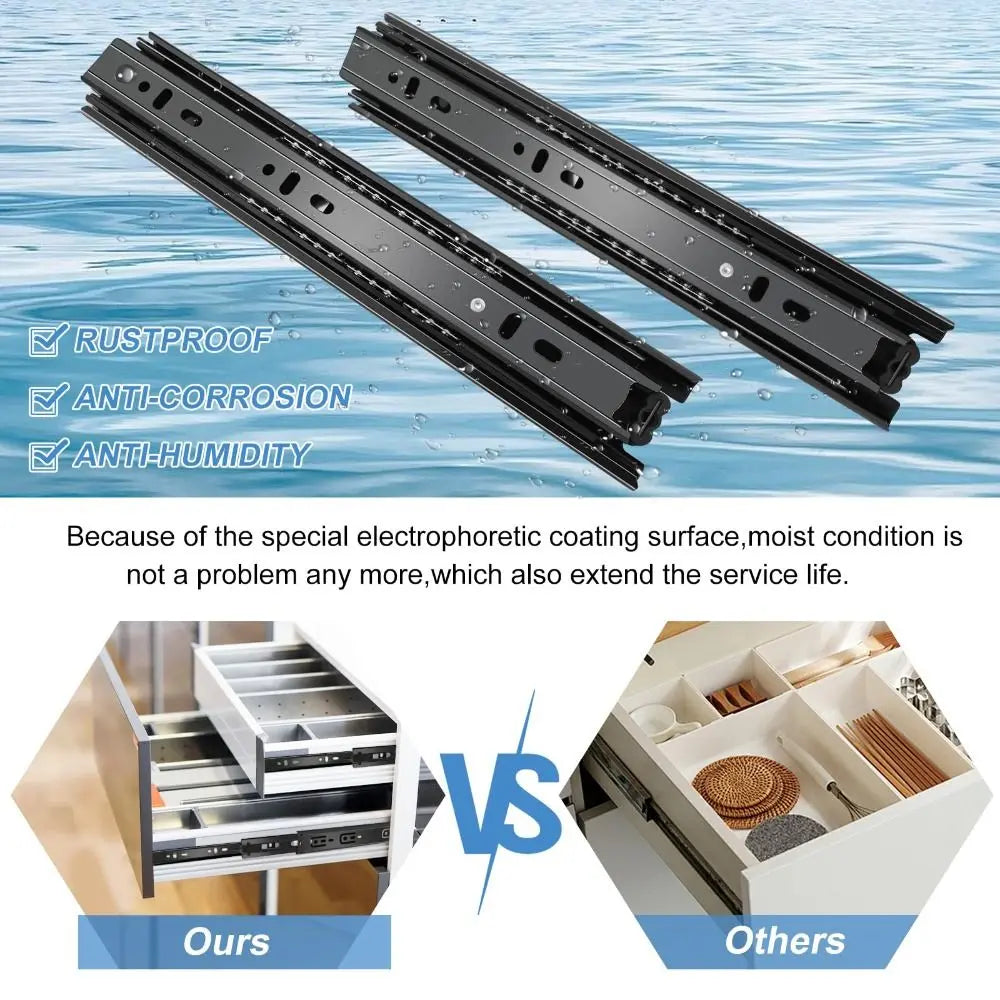 Black Drawer Slides Smooth Operation Heavy Duty Ball Bearing Drawer Rails Easy Installation Steel Dresser Runners Kitchen
