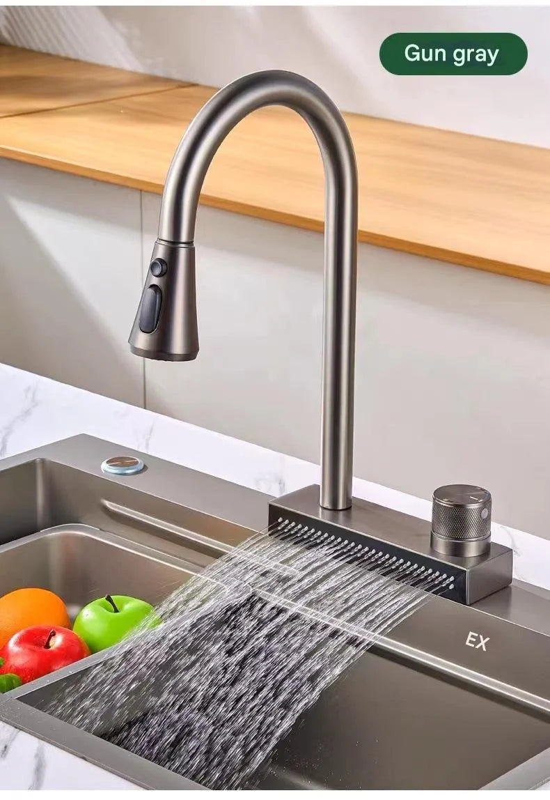 Waterfall Sink Pull Type Kitchen Faucet Hot Cold Mixer Vegetable Wash Tap Basin Multiple Water Outlets Rotation Flying Rain Tap