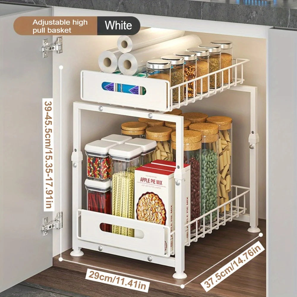 Pull-Out Cabinet Organizer - Adjustable Storage Shelf for Spices, Dishes & Kitchen Essentials | Multi-Purpose Drawer Rack