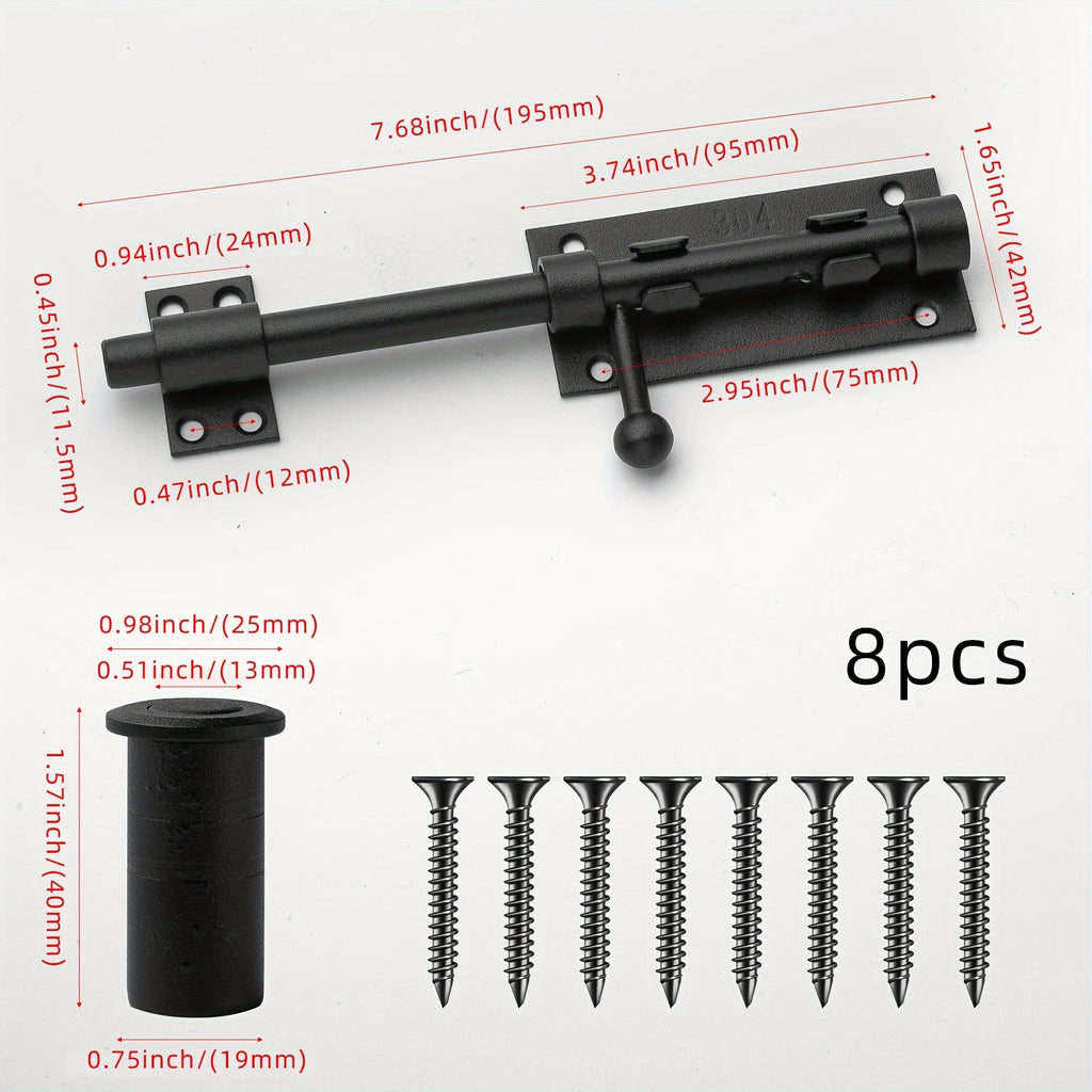 Sliding Bolt Latch Hardware：Cylindrical Bolt Latch，Heavy Solid 304 Stainless Steel，Black Surface，Applicable  Outdoor Latches
