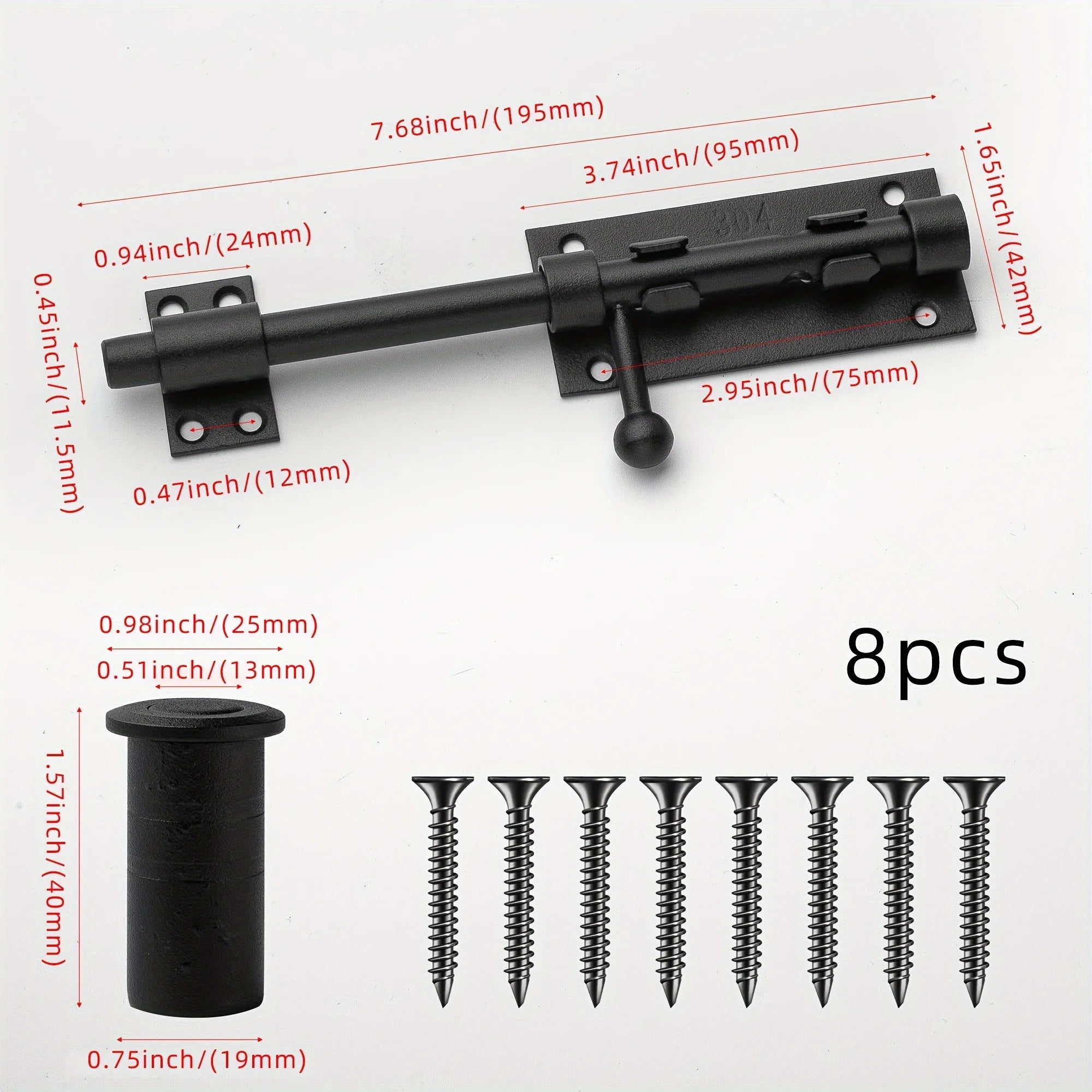Sliding Bolt Latch Hardware：Cylindrical Bolt Latch，Heavy Solid 304 Stainless Steel，Black Surface，Applicable  Outdoor Latches