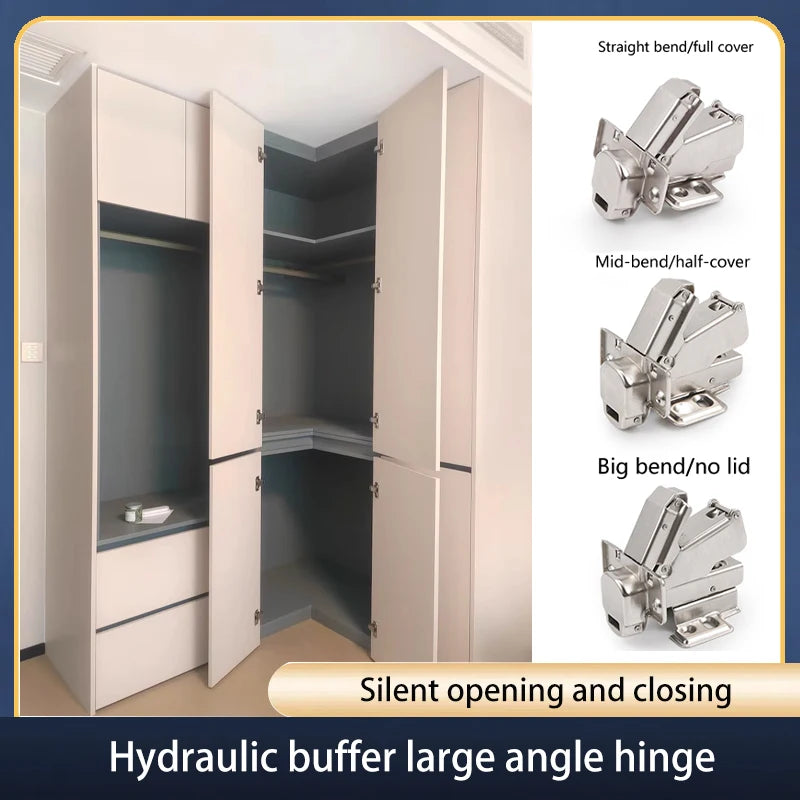 90 135 165 180 Degree Wide Angle Soft Close Damping Buffer Corner Interlocking Hinge For Cabinet Wardrobe Door