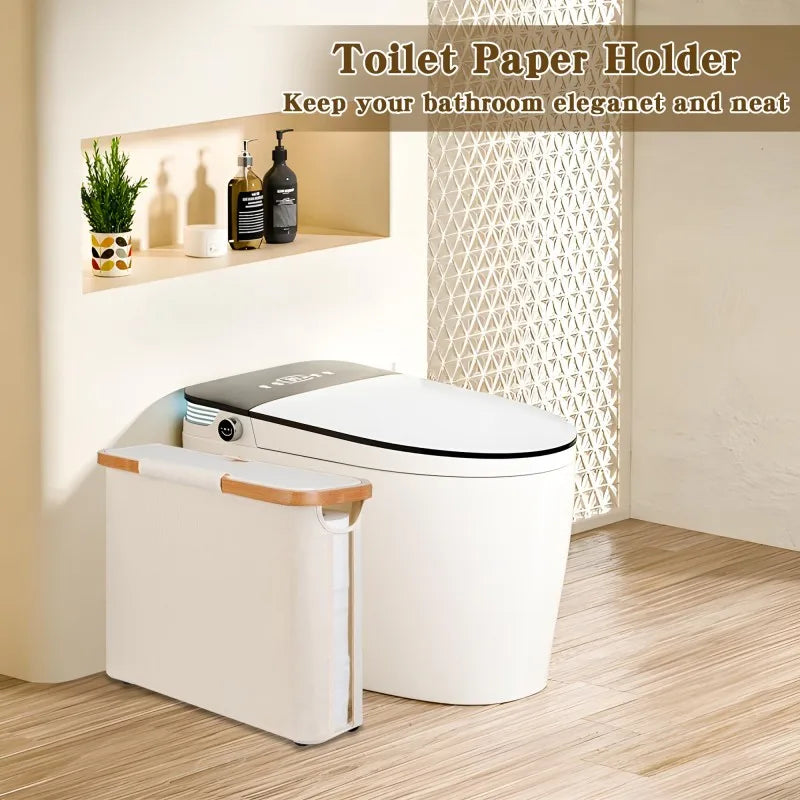 Bamboo Toilet Paper Holder with Storage Basket, Collapsible Storage Basket Bathroom Organizer Paper Towel Storage Bohemian Style