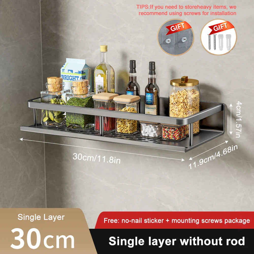 1/2Pcs No Punch Spice Rack Wall Mounted Kitchen Spice Organizer with Hook Rod Seasoning Rack Spice Shelf Bathroom Kitchen Shelf