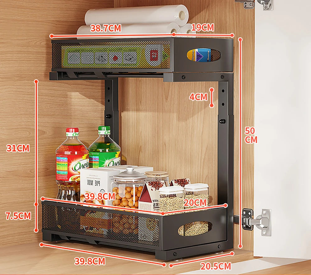 1 Pcs Under Sink Organizer, 2 Tier Pull out Cabinet Organizer Baskets with Mesh Sliding Drawers, Kitchen Slide out Storage Shelf