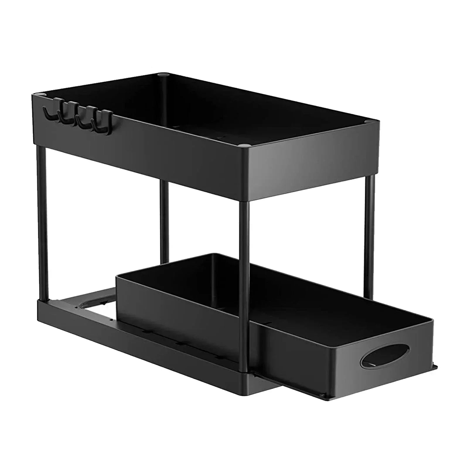 2 Tier Under Sink Organizer Sliding Cabinet  Organizer Storage Rack with Hooks Hanging Cup Bathroom Kitchen Organizer