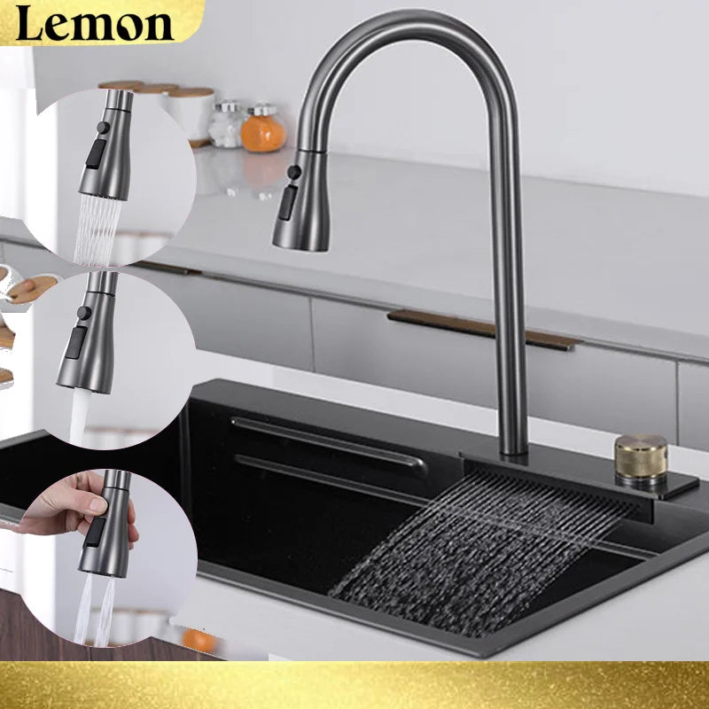 Waterfall Sink Pull Type Kitchen Faucet Hot Cold Mixer Vegetable Wash Tap Basin Multiple Water Outlets Rotation Flying Rain Tap
