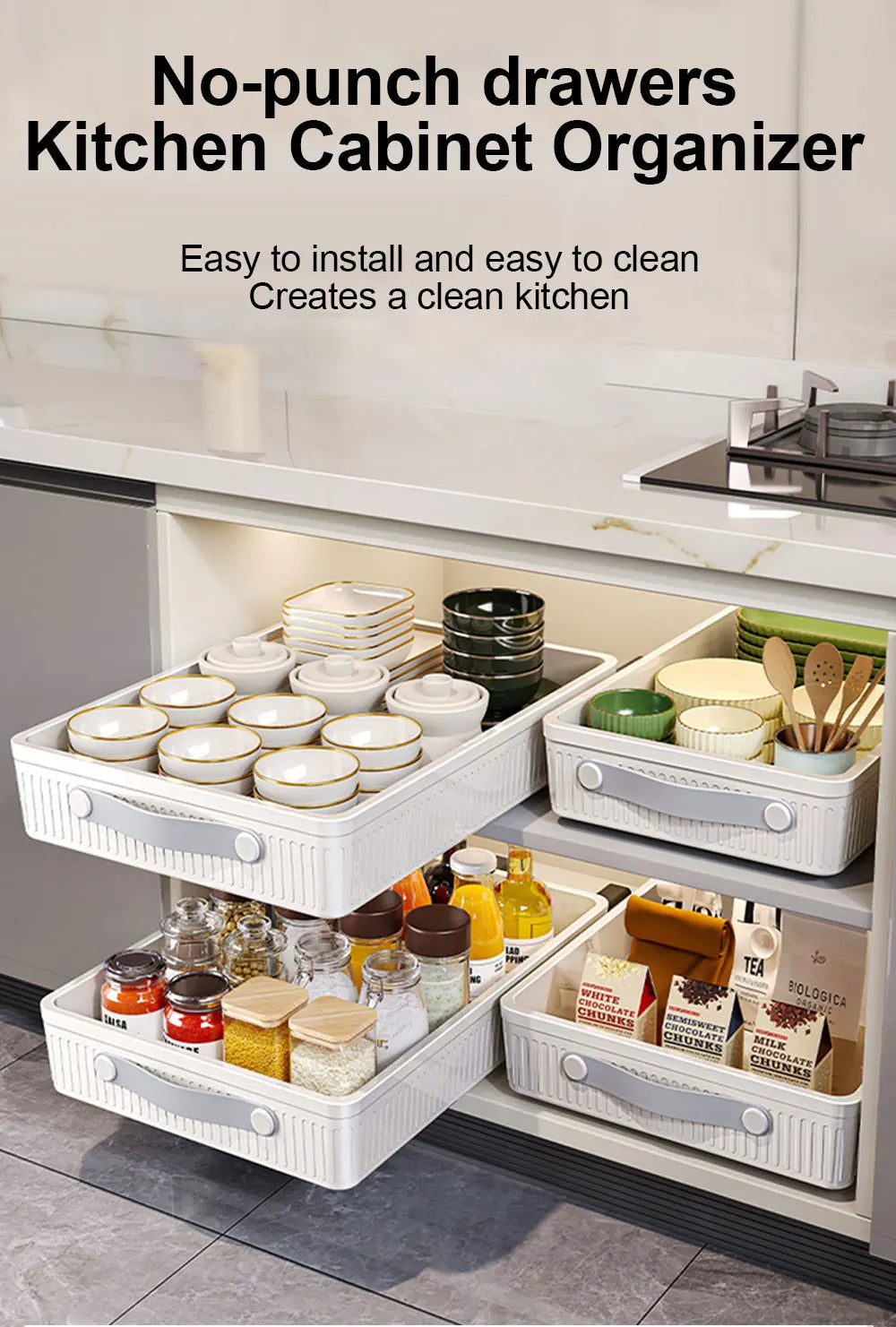 2PCS Kitchen Drawer Storage Rack with Slide Rails Pull-out Cabinet Organizer Storage Tray Spice Seasoning Bottle Storage Rack