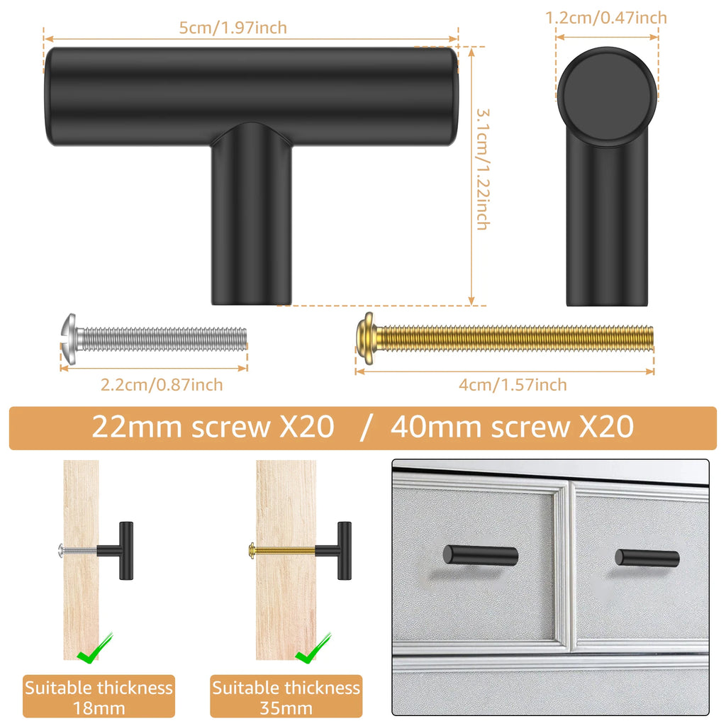 20 Pack Cabinet Knobs Matte Black Stainless Steel Kitchen Drawer Pulls Single Hole T-Shaped Handles 2 Inch Overall Length