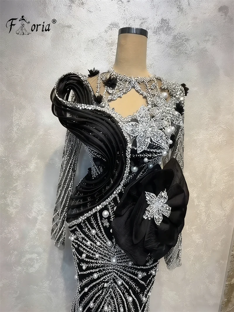 New Luxury Dubai Arabic Black Evening Dress Mermaid Pearls Beaded 3D Flower Lace Wedding Party Dresses robe de soiree Customized
