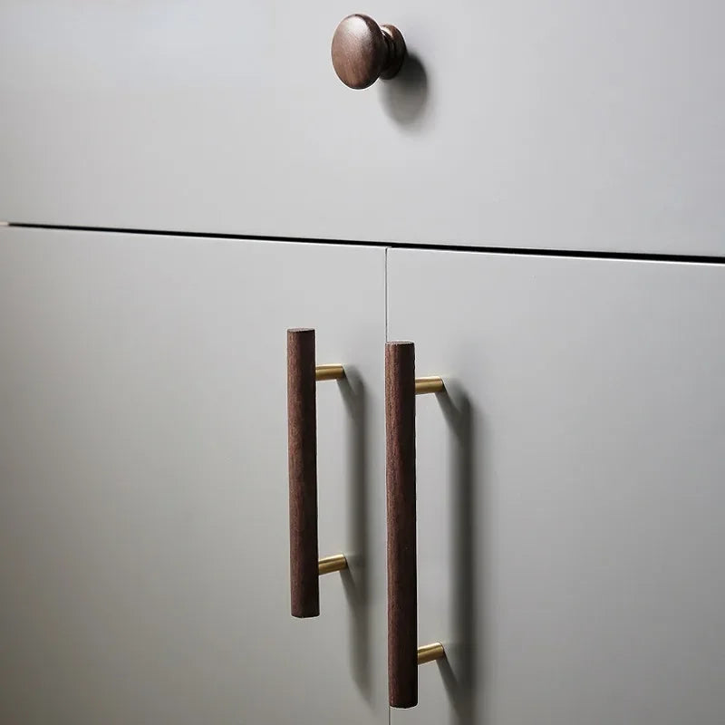 Walnut and Brass Furniture Handles Modern Simple Style Wood Cabinet Knobs and Handles Anti-cracking and Anti-oxidation