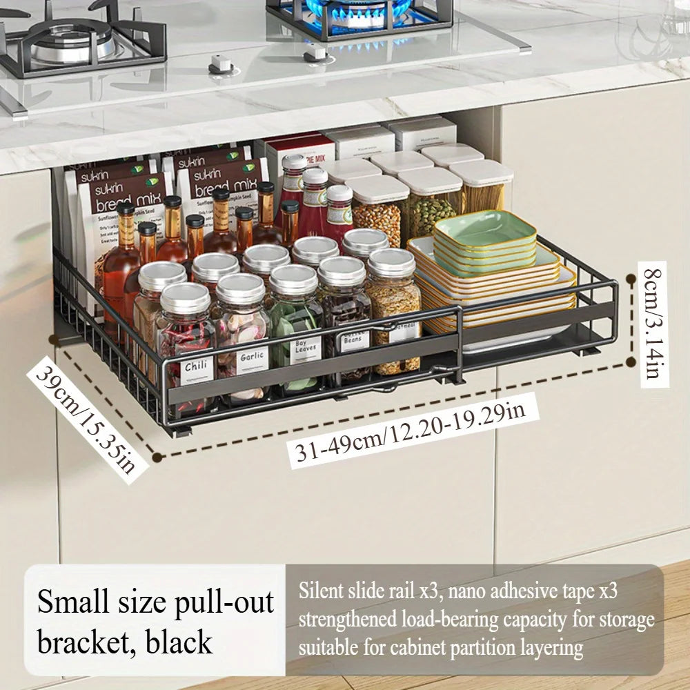 Drawer storage rack silk sliding pull-out cutlery spice bottle rack suitable for kitchens, bathrooms etc, optimizing more space