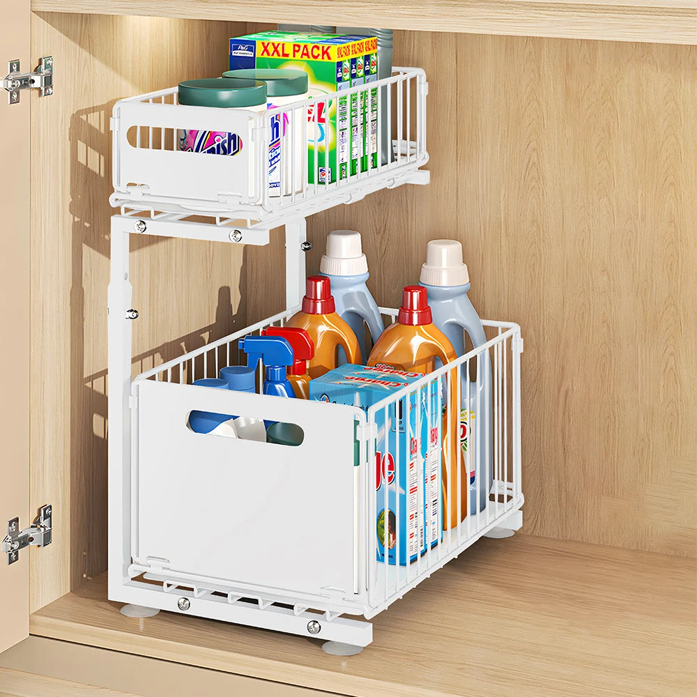 2 Tier Under Sink Organizer Adjustable Pull Out Cabinet Organizer Slide Out Kitchen Storage Racks Thickened Metal Sliding Drawer