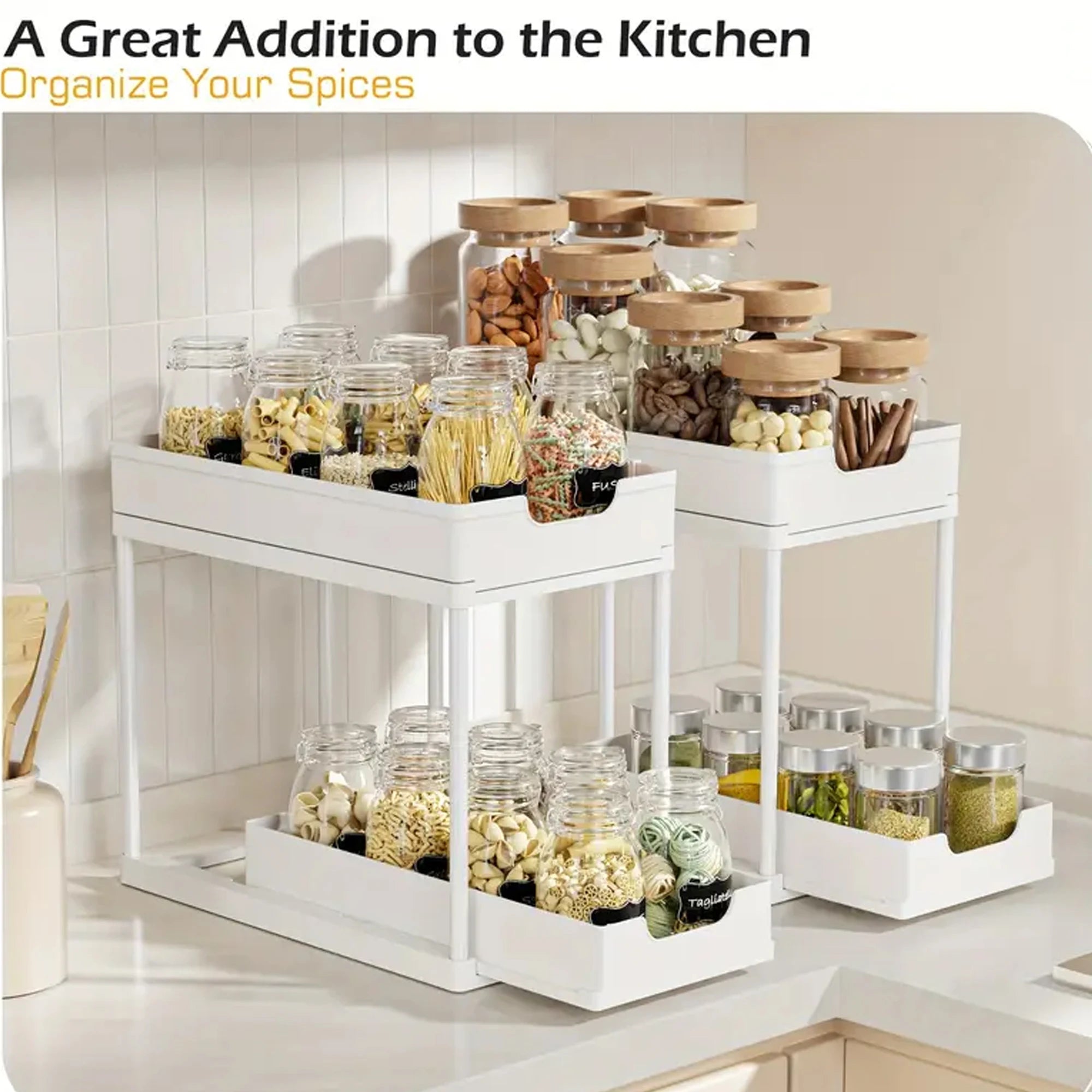 Double-Layer Pull-Out Kitchen Storage Rack, Non-Slip and Stable, Multifunctional Storage Box with Five Hooks, Under-Sink Brush Double-Layer Drawer Storage Rack, Suitable for Kitchen and Bathroom Countertop Sink Storage