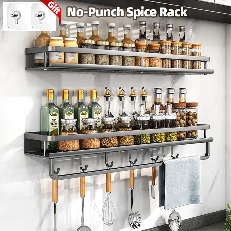 1/2Pcs No Punch Spice Rack Wall Mounted Kitchen Spice Organizer with Hook Rod Seasoning Rack Spice Shelf Bathroom Kitchen Shelf