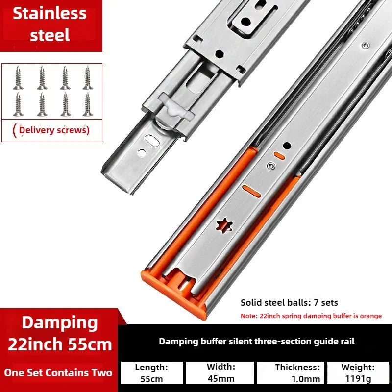 10" - 22"  45mm wide Stainless Steel Drawer Slides Soft Close Drawer Track Rail Sliding Three-Section Cabinet Furniture Hardware