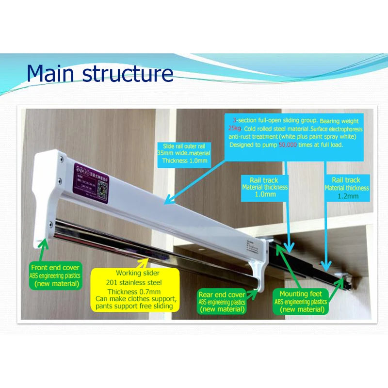 Pull-Out Closet Valet Rod Adjustable Wardrobe Clothing Rail Heavy Duty Top Mount Wardrobe Hanger Rack Bar Ball Bearing Slide