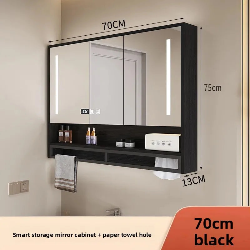 Bathroom Mirror Cabinet Wall Mounted LED Waterproof Aluminum Medicine Cabinet with Storage Shelf Towel Rod for Home Bathroom
