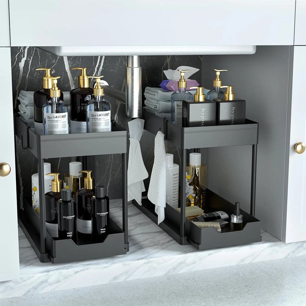 2 Tier Under Sliding Cabinet Basket Organizer Drawer with 4 Hooks, Multi-Purpose Under Sink Storage for Bathroom Kitchen Desktop