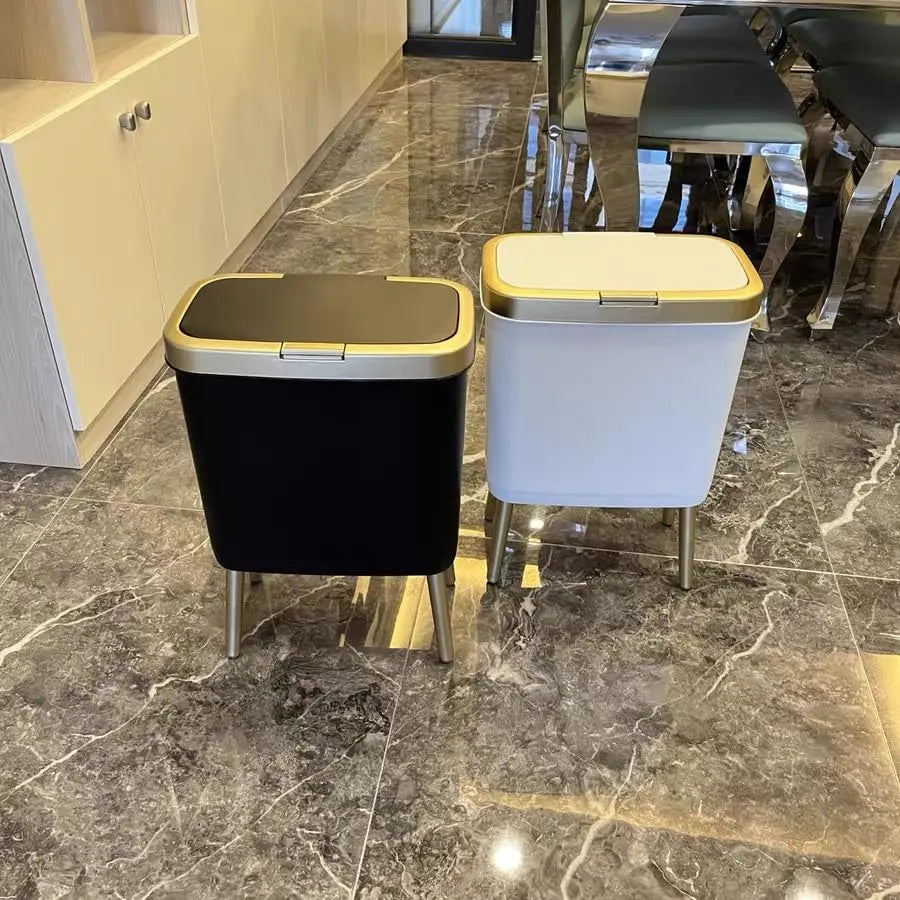Bedroom Trash Can with Lid,Slim Bathroom Cans Lids, Dog Proof Press Top Lid,Modern Gold Plastic Waste Basket for Office,Kitchen