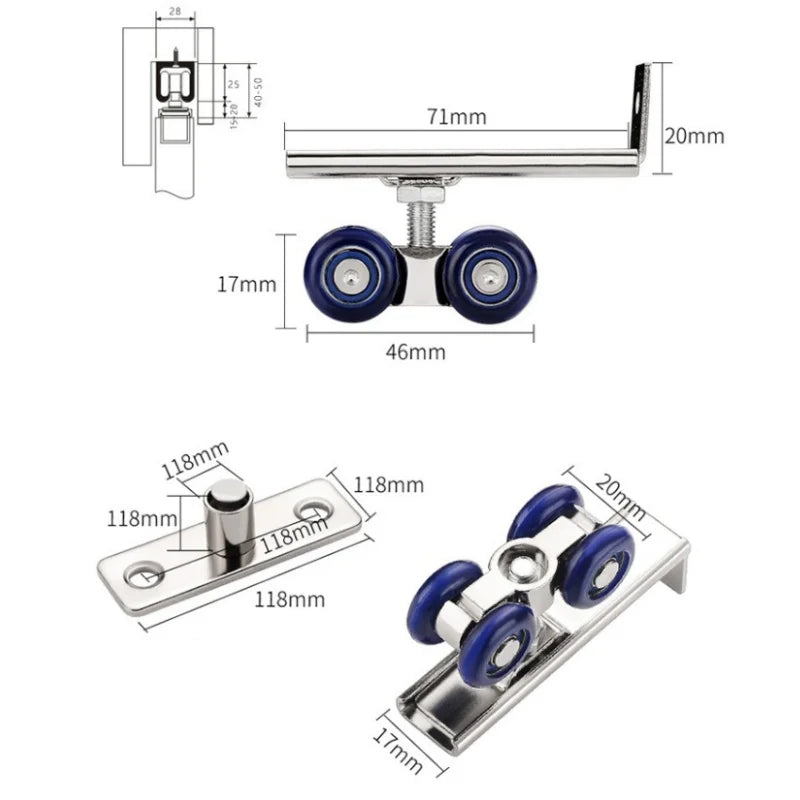 2Pcs/Set 4 Wheels Sliding Door Rollers Hardware Slide Doors Pulley Wardrobe Closet Wood Door Hanging Wheels Rail Track Pulley