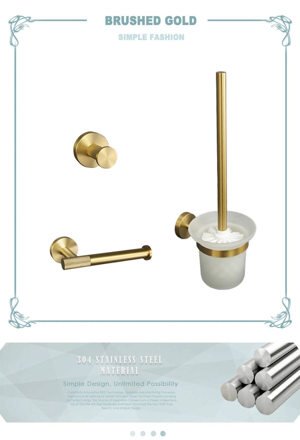 Stainless Steel Gold Brushed Bathroom Toilet Accessories Hardware Set Towel Hook Wall Mounted Paper Holder Toilet Brush Holder
