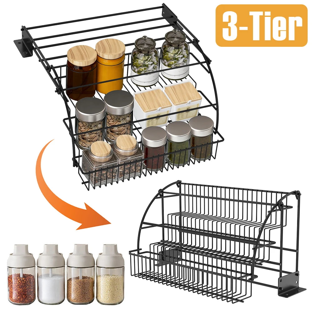 3-Tier Kitchen Storage Rack Metal Pull Down Spice Rack Large Capacity Inside Cabinet Riser Shelf Home Seasoning Bottle Organizer
